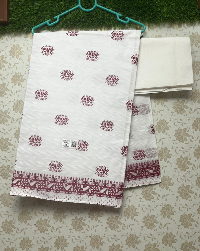 Printed Kashmiri White Cotton Saree with Dark Pink Colour