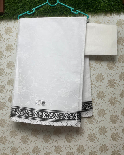 Kashmiri White Cotton Saree with Black border