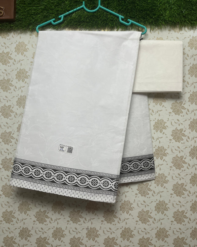 Kashmiri White Cotton Saree with Black border