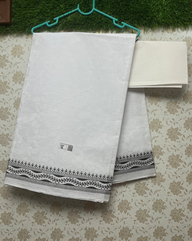 Kashmiri White Cotton Saree with Black border