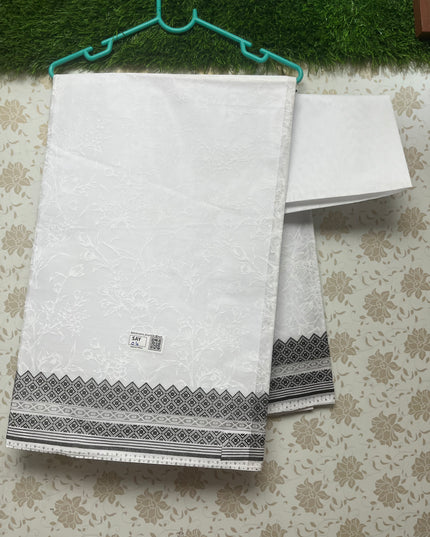 Kashmiri White Cotton Saree with Black border