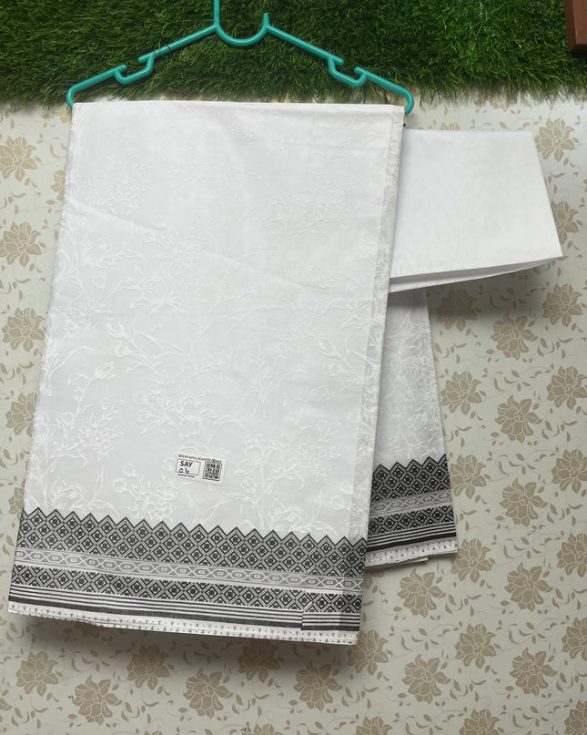 Kashmiri White Cotton Saree with Black border
