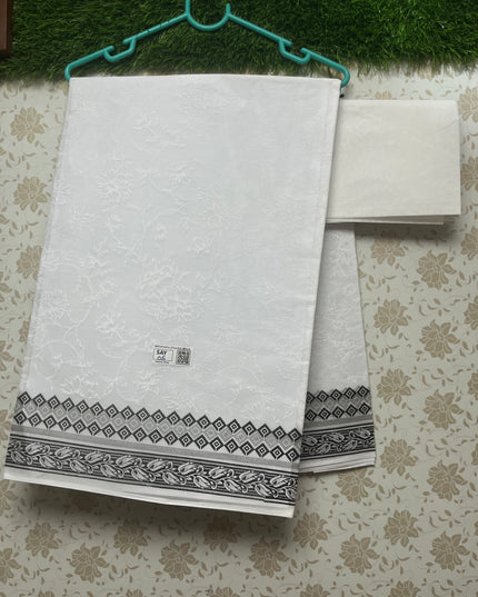 Kashmiri White Cotton Saree with Black border