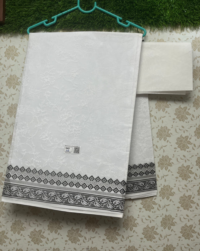Kashmiri White Cotton Saree with Black border