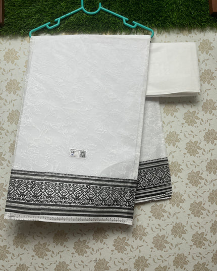 Kashmiri White Cotton Saree with Black border