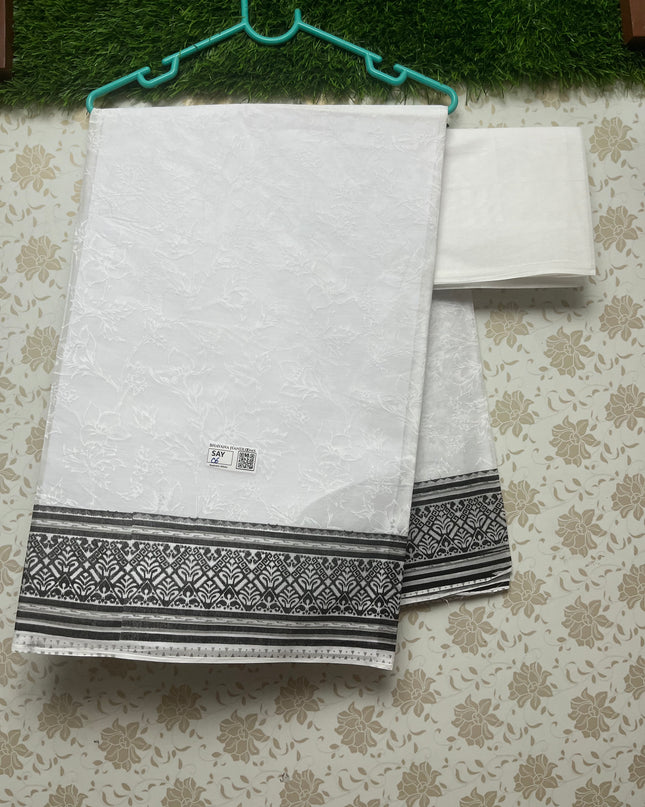 Kashmiri White Cotton Saree with Black border