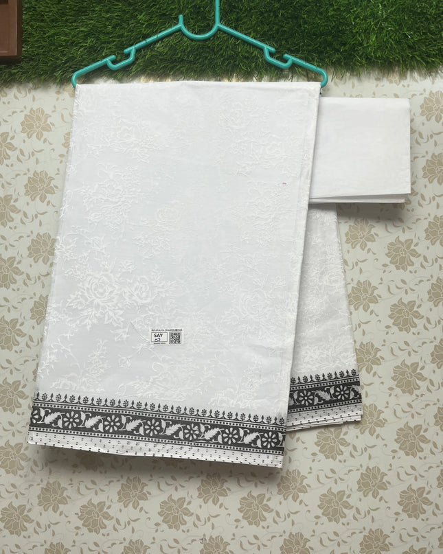 Kashmiri White Cotton Saree with Black border