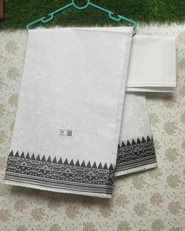 Kashmiri White Cotton Saree with Black border