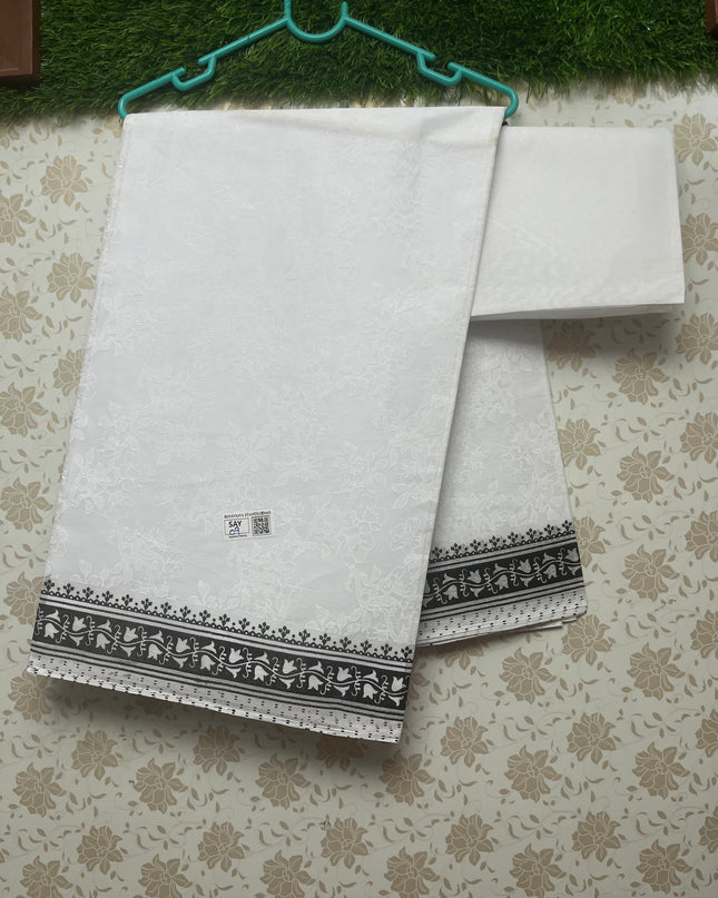 Kashmiri White Cotton Saree with Black border