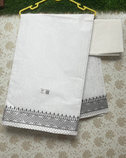 Kashmiri White Cotton Saree with Black border