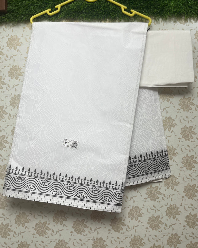 Kashmiri White Cotton Saree with Black border