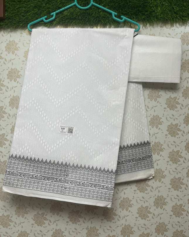 Kashmiri White Cotton Saree with Black border