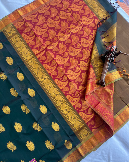 Pure Handloom Weaven allover Big Butis Dark Green Cotton Saree with Rich Pallu