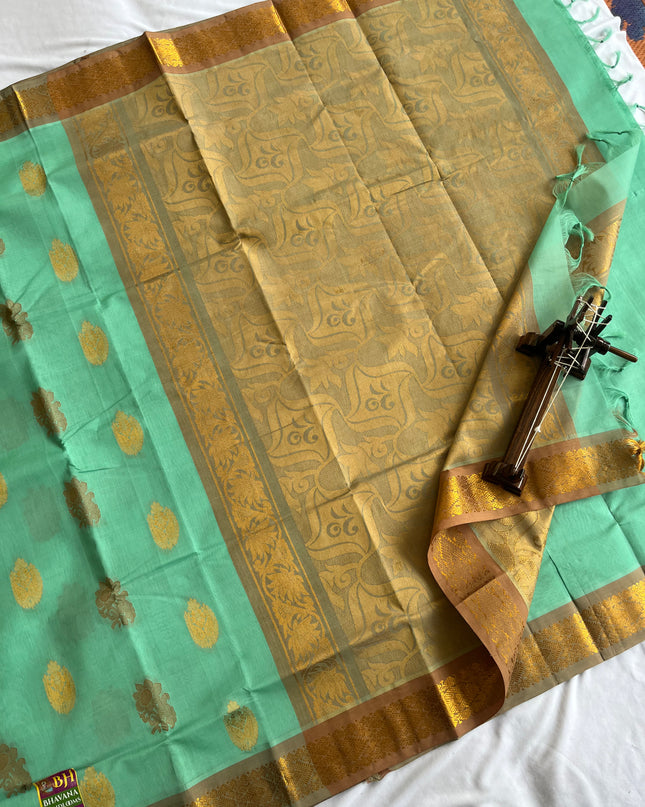 Pure Handloom Weaven allover Big Butis Lux Green Cotton Saree with Rich Pallu