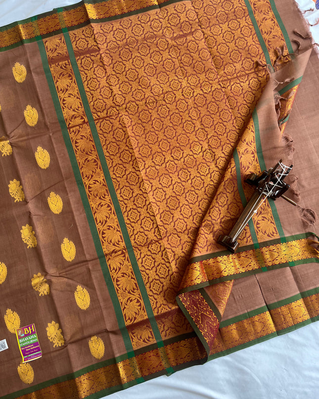 Pure Handloom Weaven allover Big Butis Dark Brown Cotton Saree with Rich Pallu