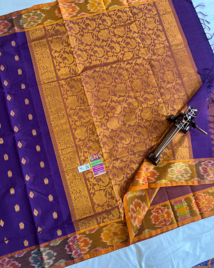 Pure Handloom Weaven allover Small Buti Violet Cotton Saree with Rich Pallu