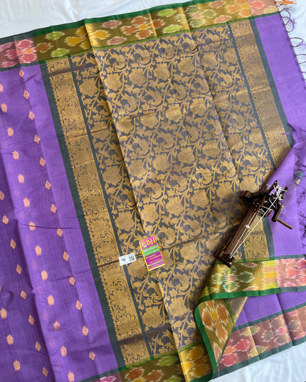 Pure Handloom Weaven allover Small Buti Violet Cotton Saree with Rich Pallu