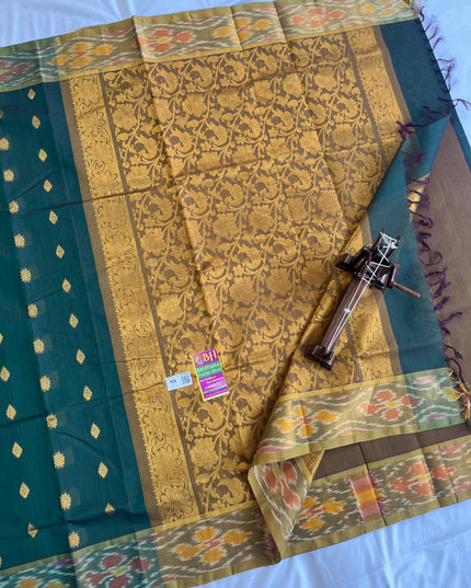 Pure Handloom Weaven allover Small Buti Green Cotton Saree with Rich Pallu