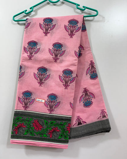 Handloom Printed cotton saree with Pink colour with blouse