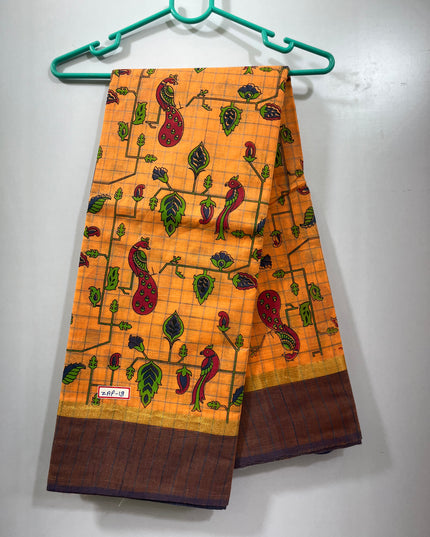 Handloom Printed cotton saree with Orange colour with blouse