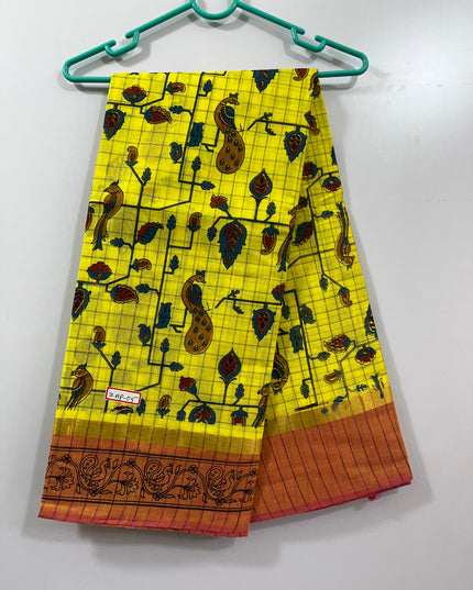 Handloom Printed cotton saree with Mango Yellow colour with blouse