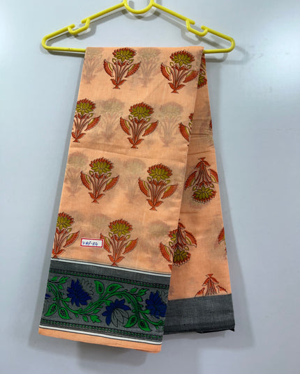 Handloom Printed cotton saree with Orange colour with blouse