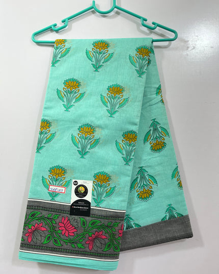 Handloom Printed cotton saree with Sea Lux Green colour with blouse