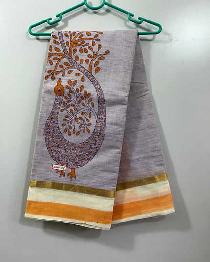 Handloom Printed cotton saree with Lavender  colour with blouse