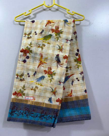 Handloom Printed cotton saree with Cream colour with blouse