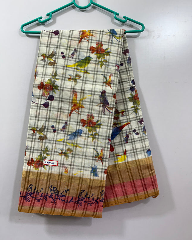 Handloom Printed cotton saree with Half White colour with blouse