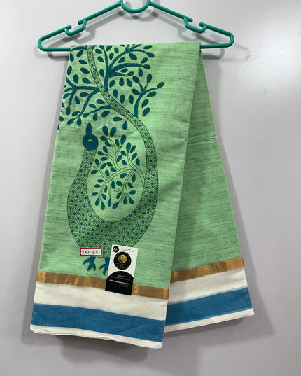 Handloom Printed cotton saree with Green colour with blouse