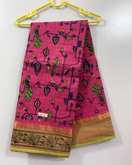 Handloom Printed cotton saree with Pink colour with blouse