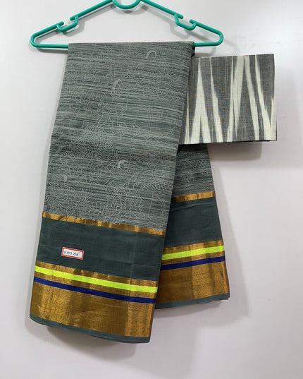 Handloom Printed cotton saree with Gray colour with blouse