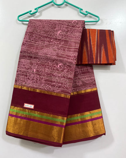 Handloom Printed cotton saree with Light Maroon colour with blouse