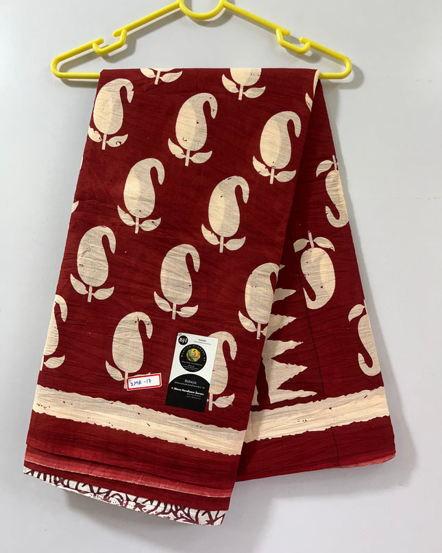 120 Count Mul Mul Cotton Saree with Maroon Colour