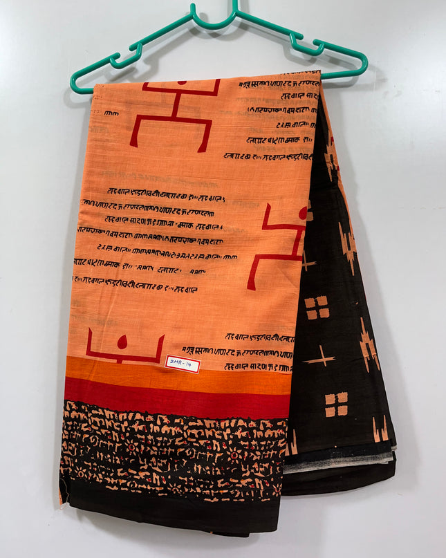 120 Count Mul Mul Cotton Saree with Orange Colour