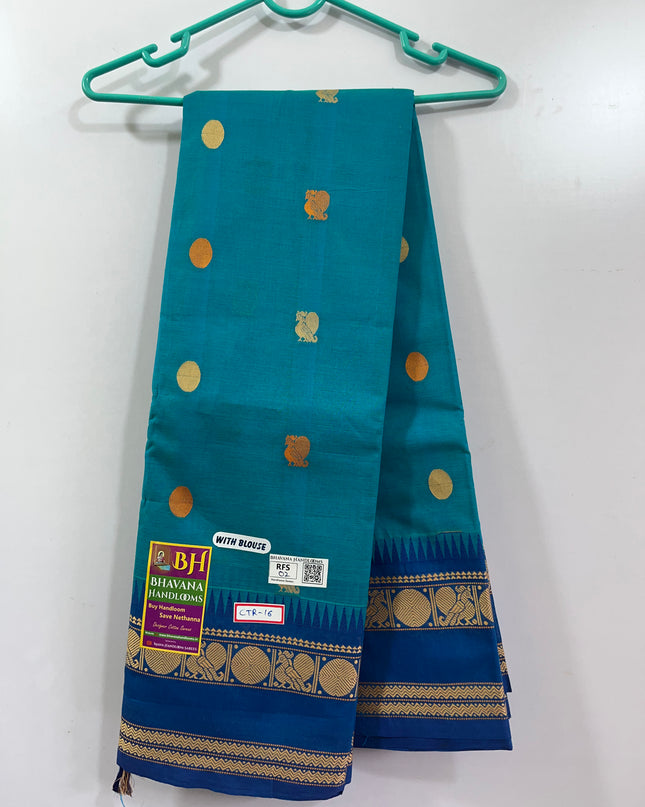 Venkatagiri Handloom Cotton Sarees with Running Blouse & Rich Pallu Sea blue Colour