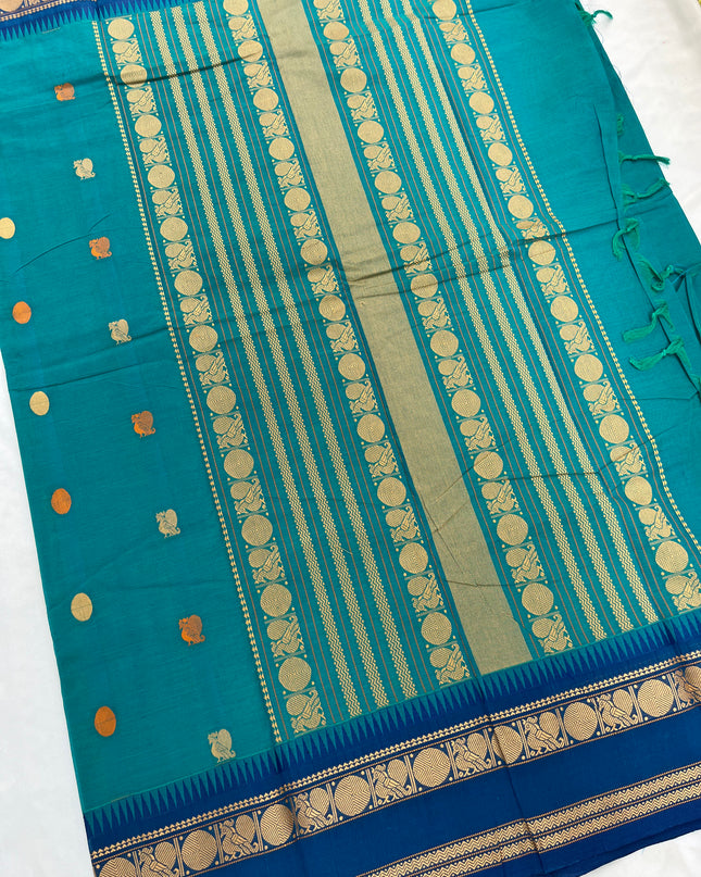 Venkatagiri Handloom Cotton Sarees with Running Blouse & Rich Pallu Sea blue Colour