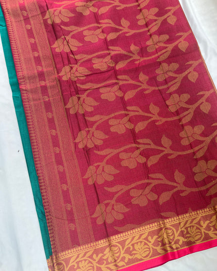 Venkatagiri Handloom Cotton Sarees with Running Blouse & Rich Pallu Emrold Green Colour