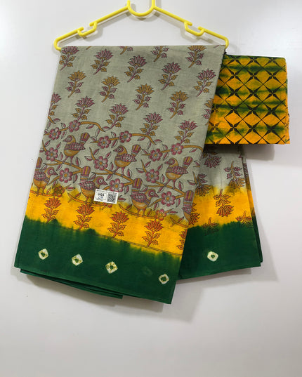 Printed Cotton saree with Double border Yellow & Green