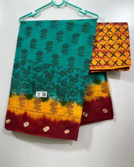 Printed Cotton saree with Double border Yellow & Red