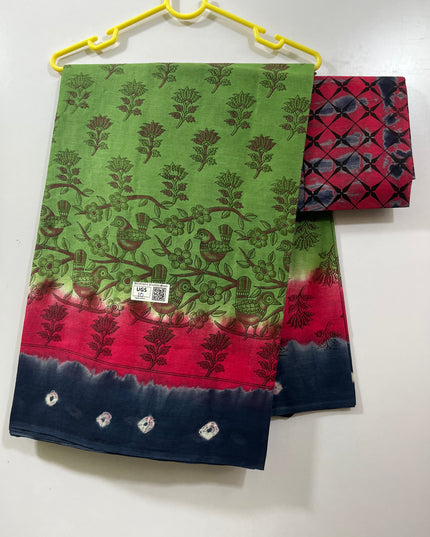 Printed Cotton saree with Double border Pink & Navy Blue