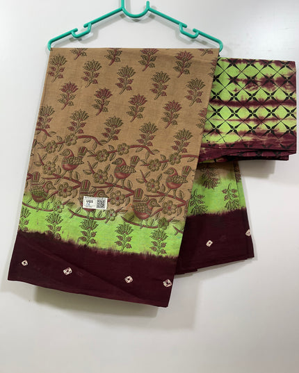 Printed Cotton saree with Double border Chocolate & Green