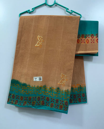 Handblock Printed cotton saree with Brown colour