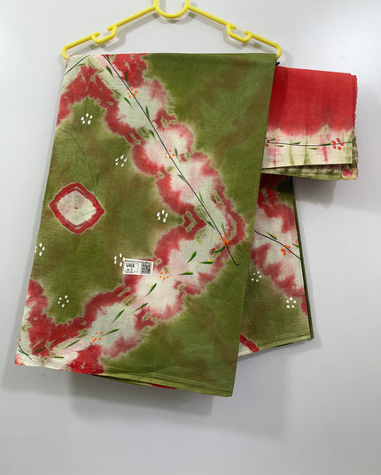Brush Paint cotton saree with green colour