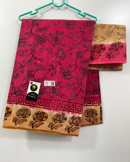 Pallavi Cotton Saree with Floral design Pink colour