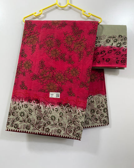 Pallavi Cotton Saree with Floral print Pink colour
