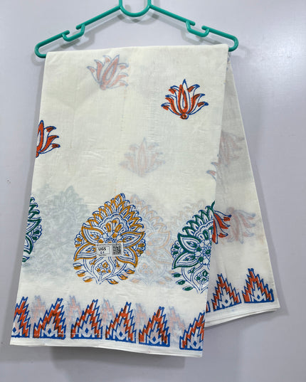 Handblock Printed white cotton saree with blouse