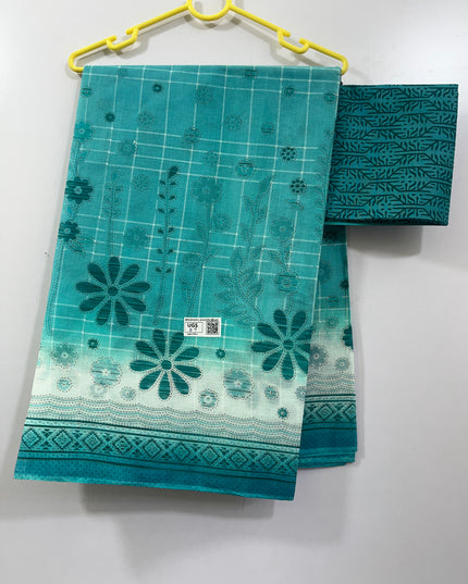 Digital Printed Office wear cotton saree with Sea Blue colour