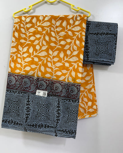 One Side border Printed cotton saree with gray border